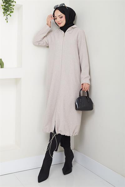 Fermuarlı Kapüşonlu Kap Krem HM2636