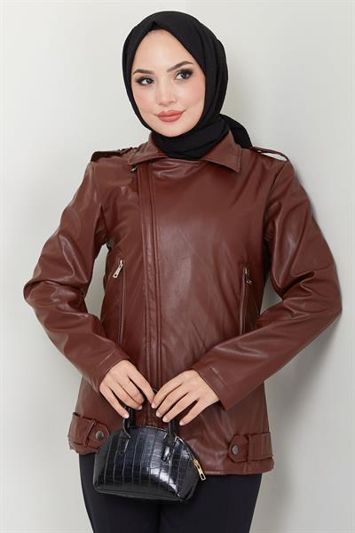 Fermuarlı Kısa Suni Deri Mont Kahverengi HM2343