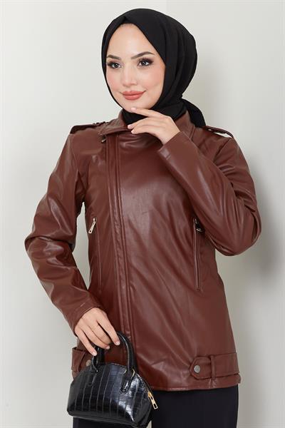 Fermuarlı Kısa Suni Deri Mont Kahverengi HM2343