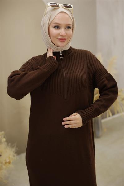 Fermuarlı Uzun Triko Tunik Kahverengi HM2529