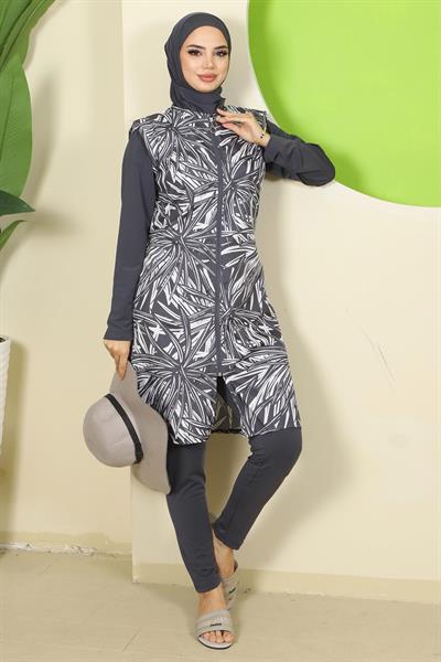 Fermuarlı Yaprak Desenli Tam Kapalı Tesettür Mayo Füme HM2787