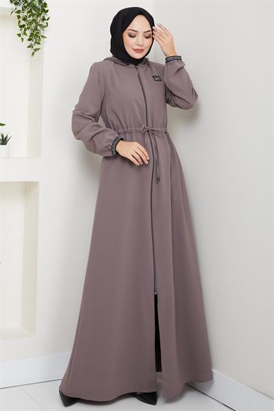 File Kapşonlu Bağlamalı Ferace Açık Kahve HM2360