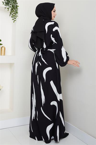 Fırça Desenli Yazlık Viskon Elbise Siyah HM2730