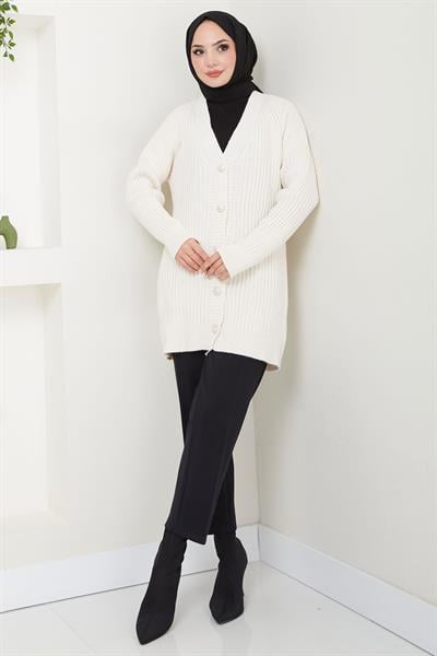 Fitilli Düğmeli Triko Hırka Krem HM2563