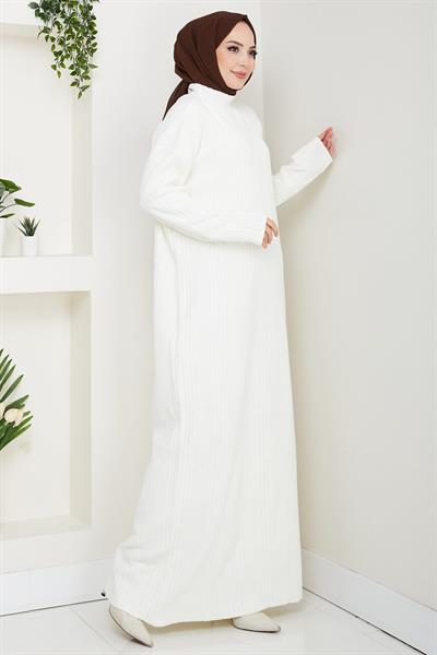 Fitilli Triko Elbise Beyaz HM2247