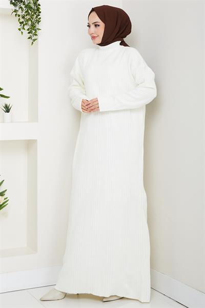 Fitilli Triko Elbise Beyaz HM2247