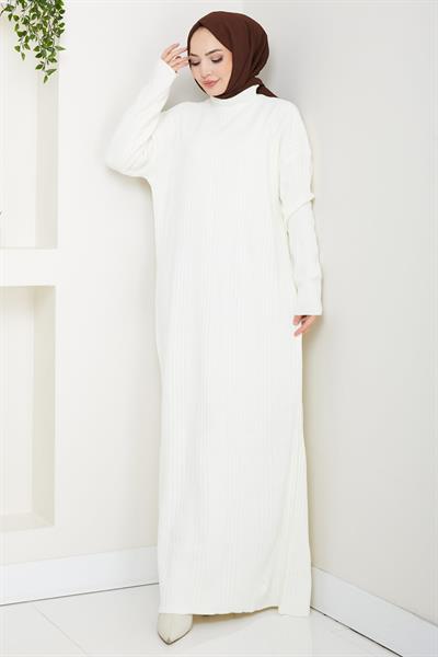 Fitilli Triko Elbise Beyaz HM2247