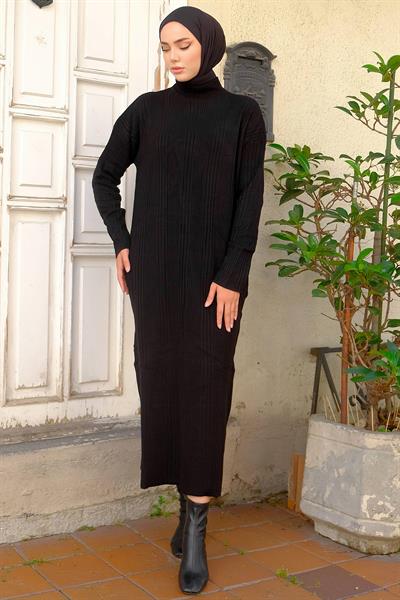 Fitilli Triko Elbise Siyah HM2247