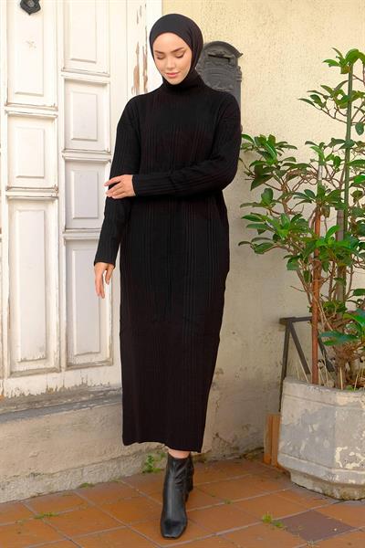 Fitilli Triko Elbise Siyah HM2247