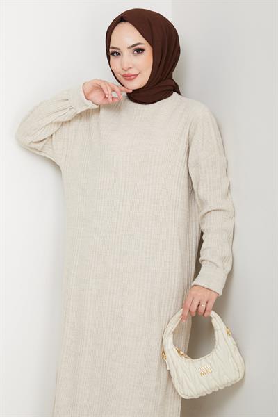 Fitilli Triko Elbise Taş Rengi HM2247