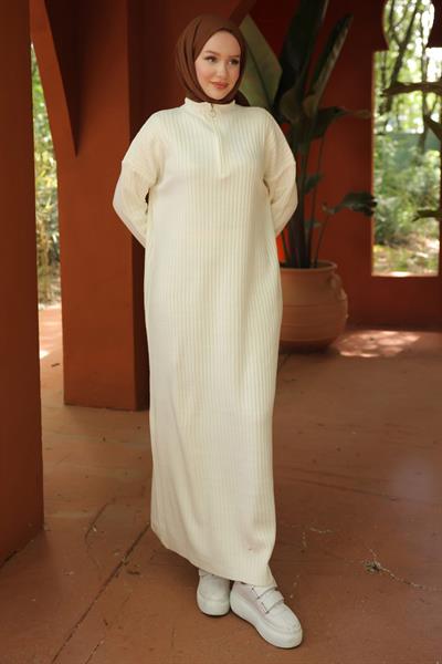 Fitilli Yarım Fermuarlı Triko Elbise Beyaz HM2520