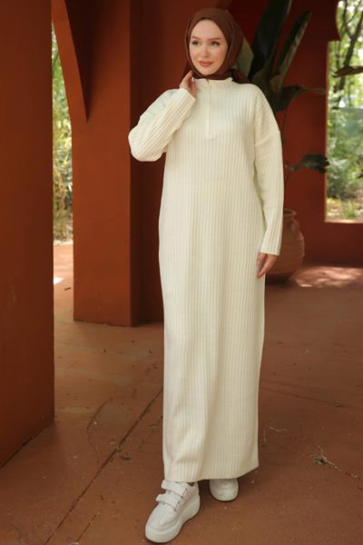 Fitilli Yarım Fermuarlı Triko Elbise Beyaz HM2520