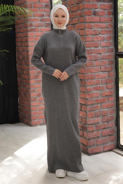Fitilli Yarım Fermuarlı Triko Elbise Füme HM2520