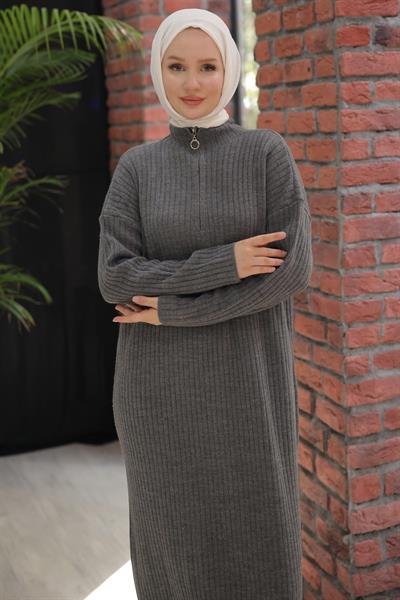 Fitilli Yarım Fermuarlı Triko Elbise Füme HM2520