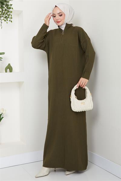 Fitilli Yarım Fermuarlı Triko Elbise Haki HM2520