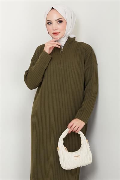Fitilli Yarım Fermuarlı Triko Elbise Haki HM2520