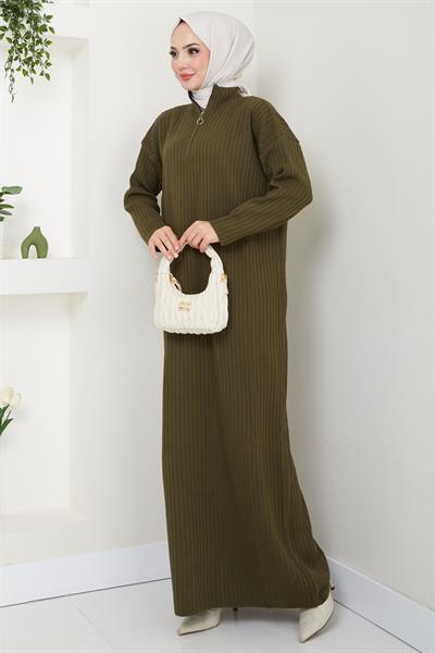 Fitilli Yarım Fermuarlı Triko Elbise Haki HM2520