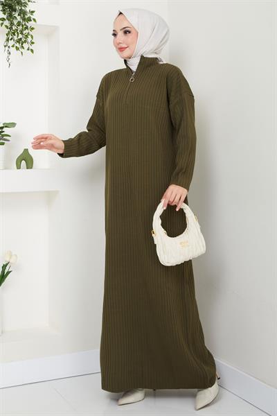 Fitilli Yarım Fermuarlı Triko Elbise Haki HM2520
