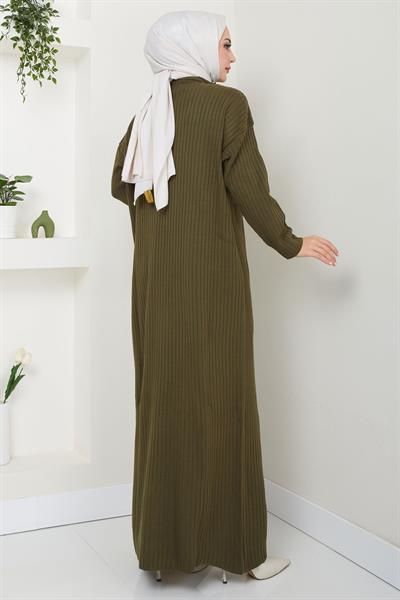 Fitilli Yarım Fermuarlı Triko Elbise Haki HM2520