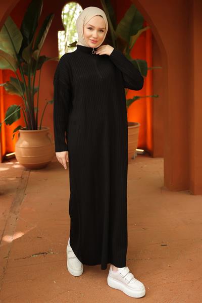 Fitilli Yarım Fermuarlı Triko Elbise Siyah HM2520