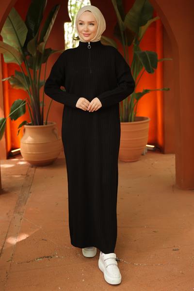 Fitilli Yarım Fermuarlı Triko Elbise Siyah HM2520