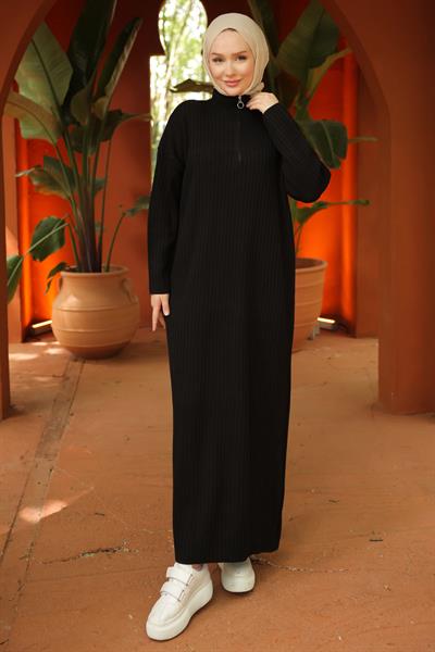 Fitilli Yarım Fermuarlı Triko Elbise Siyah HM2520