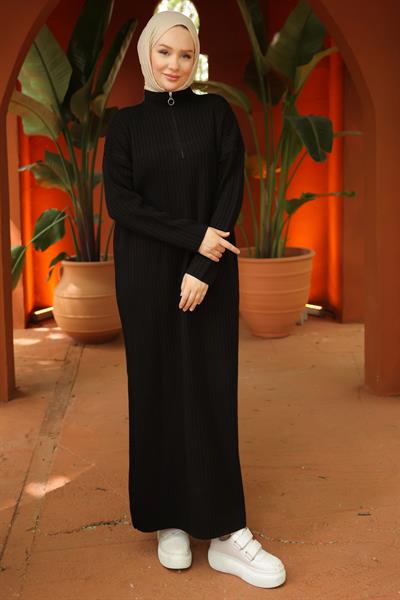 Fitilli Yarım Fermuarlı Triko Elbise Siyah HM2520