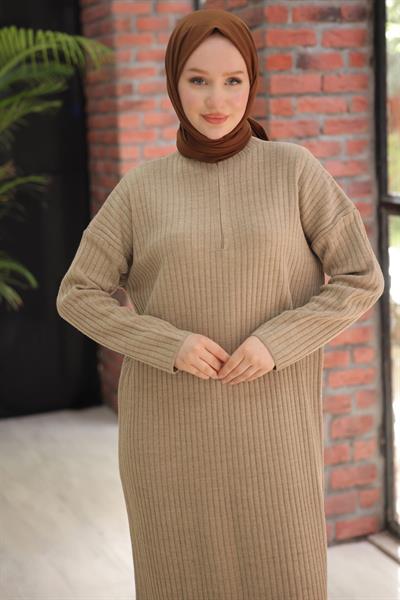 Fitilli Yarım Fermuarlı Triko Elbise Vizon HM2520