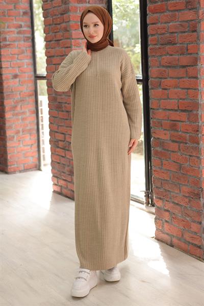 Fitilli Yarım Fermuarlı Triko Elbise Vizon HM2520