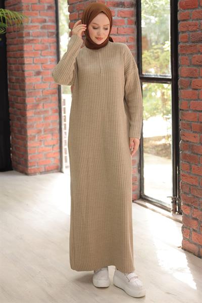Fitilli Yarım Fermuarlı Triko Elbise Vizon HM2520