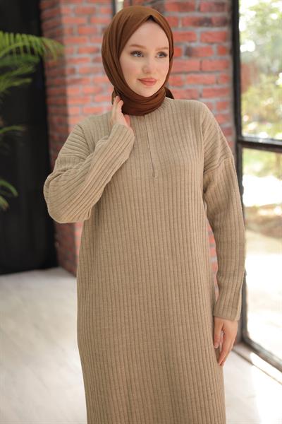 Fitilli Yarım Fermuarlı Triko Elbise Vizon HM2520