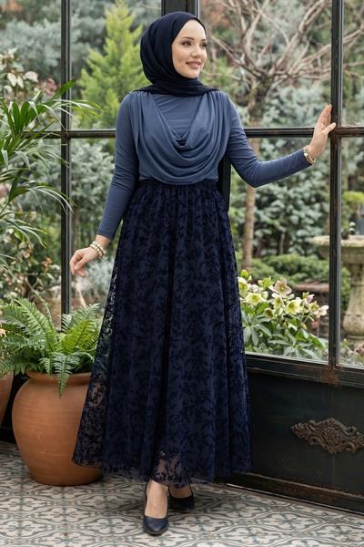 Flok Baskılı Astarlı Çiçek Desenli Tül Etek Lacivert HM2902