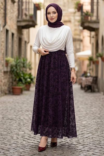 Flok Baskılı Astarlı Çiçek Desenli Tül Etek Mürdüm HM2902