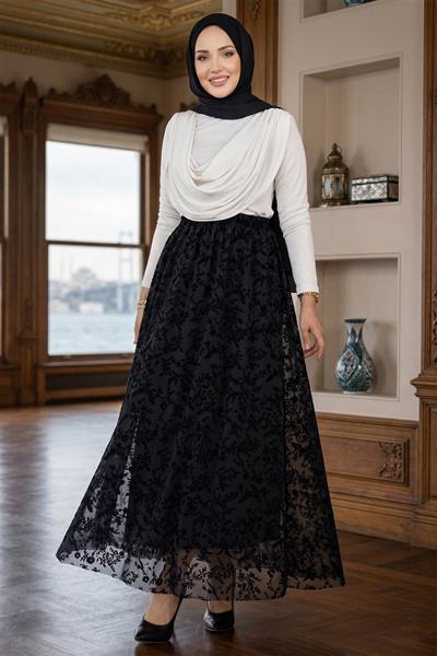 Flok Baskılı Astarlı Çiçek Desenli Tül Etek Siyah HM2902