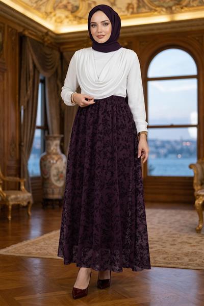 Flok Baskılı Astarlı Çiçek Desenli Tül Etek Mürdüm HM2902