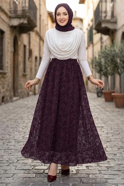 Flok Baskılı Astarlı Çiçek Desenli Tül Etek Mürdüm HM2902