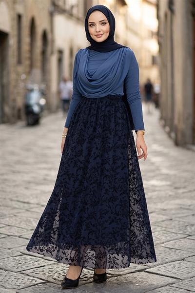 Flok Baskılı Astarlı Çiçek Desenli Tül Etek Lacivert HM2902