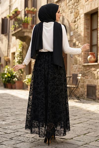 Flok Baskılı Astarlı Çiçek Desenli Tül Etek Siyah HM2902