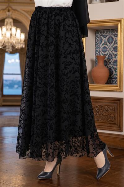 Flok Baskılı Astarlı Çiçek Desenli Tül Etek Siyah HM2902