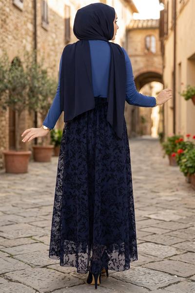 Flok Baskılı Astarlı Çiçek Desenli Tül Etek Lacivert HM2902