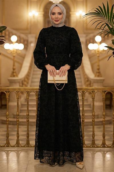 Flok Baskılı Astarlı Tül Elbise Siyah HM2892