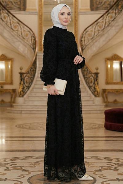 Flok Baskılı Astarlı Tül Elbise Siyah HM2892