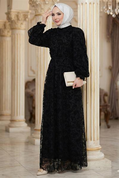 Flok Baskılı Astarlı Tül Elbise Siyah HM2892