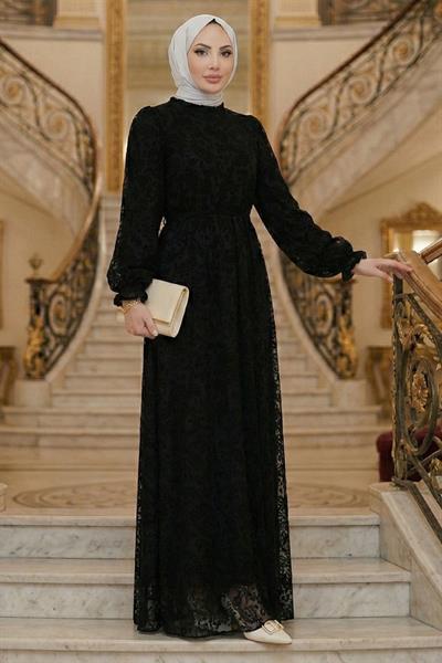 Flok Baskılı Astarlı Tül Elbise Siyah HM2892