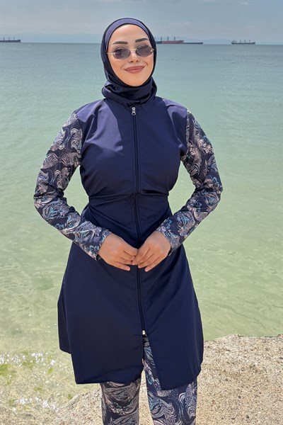 Floral Desenli Tesettür Mayo Tam Takım Lacivert HM2928