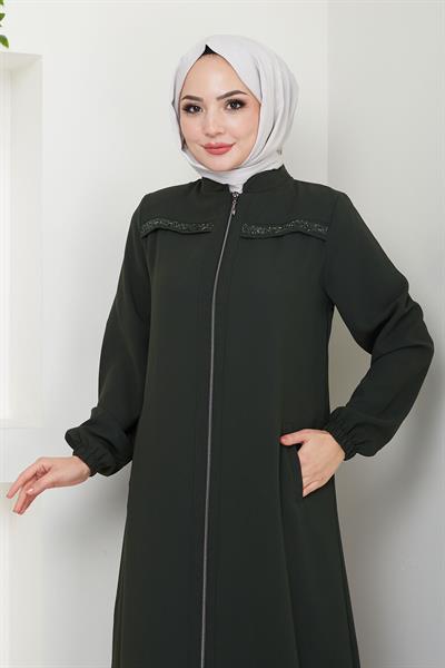 Gala Taş Detaylı Ferace Haki HM2313