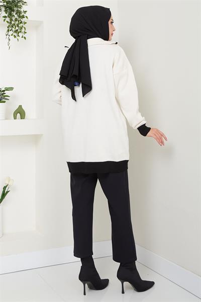 Garni Detaylı Yakası Fermuarlı Triko Tunik Beyaz HM2560