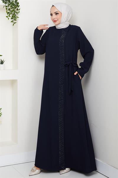 Gizli Fermuarlı Yandan Bağlamalı Boncuklu Ferace Lacivert HM2845