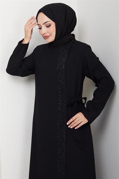 Gizli Fermuarlı Yandan Bağlamalı Boncuklu Ferace Siyah HM2845