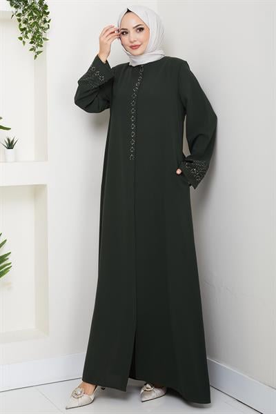Gizli Patlı Çiçek Taşlı Ferace Haki HM2859